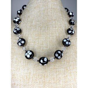 Handcrafted Black & White Floral Glass Beaded Necklace With Clear Crystal Accent